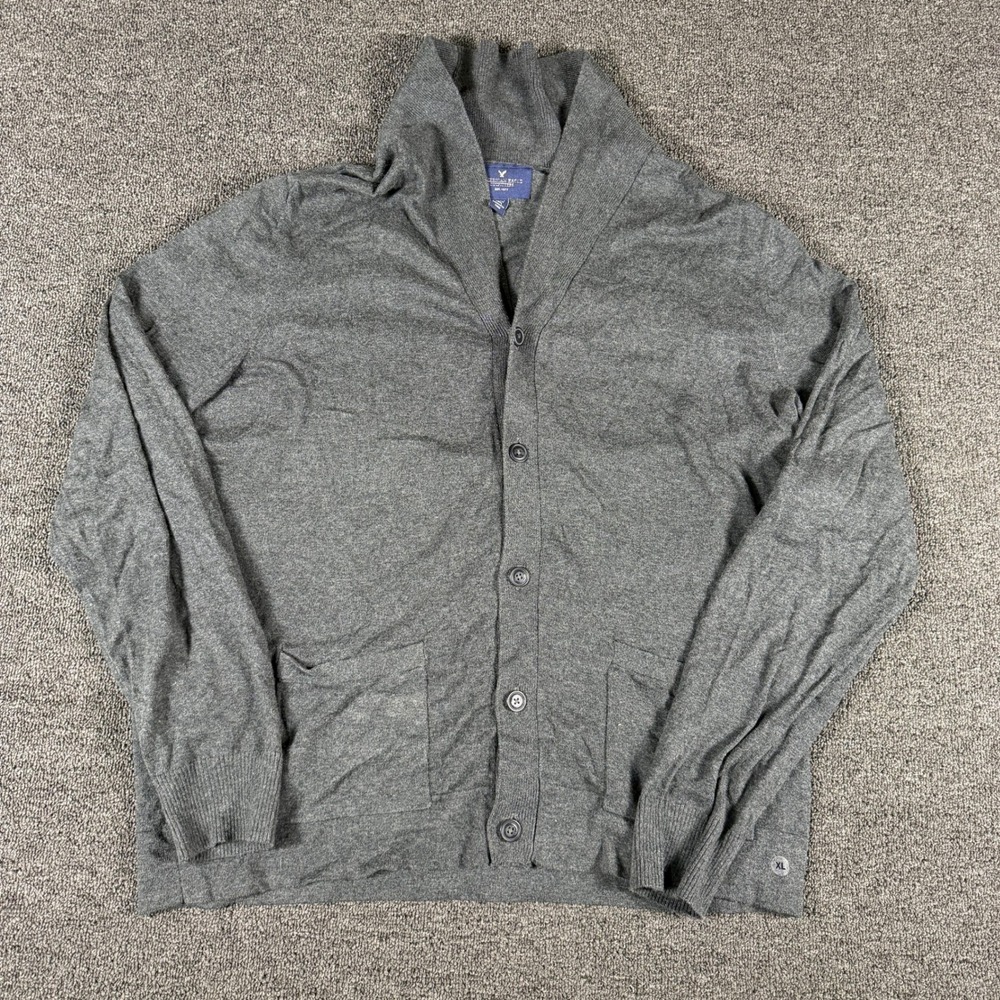American Eagle Cardigan Mens XL Shawl Collar Gray Button Front Cotton EUC